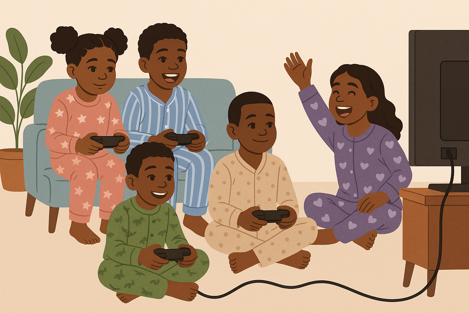 Children playing video games in pajamas